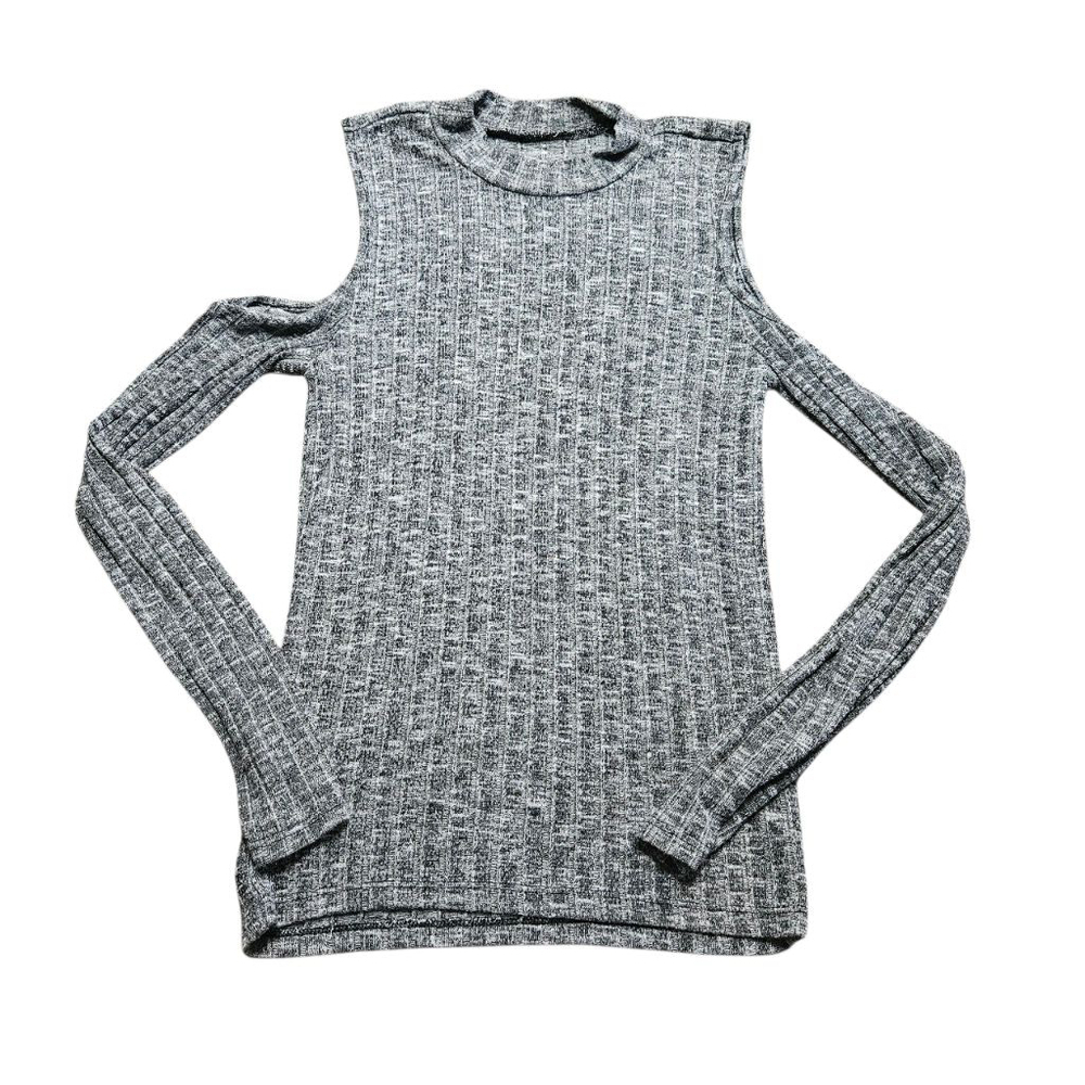 American Eagle Medium Gray Cold Shoulder Ribbed Long Sleeve Top - Picture 2 of 7